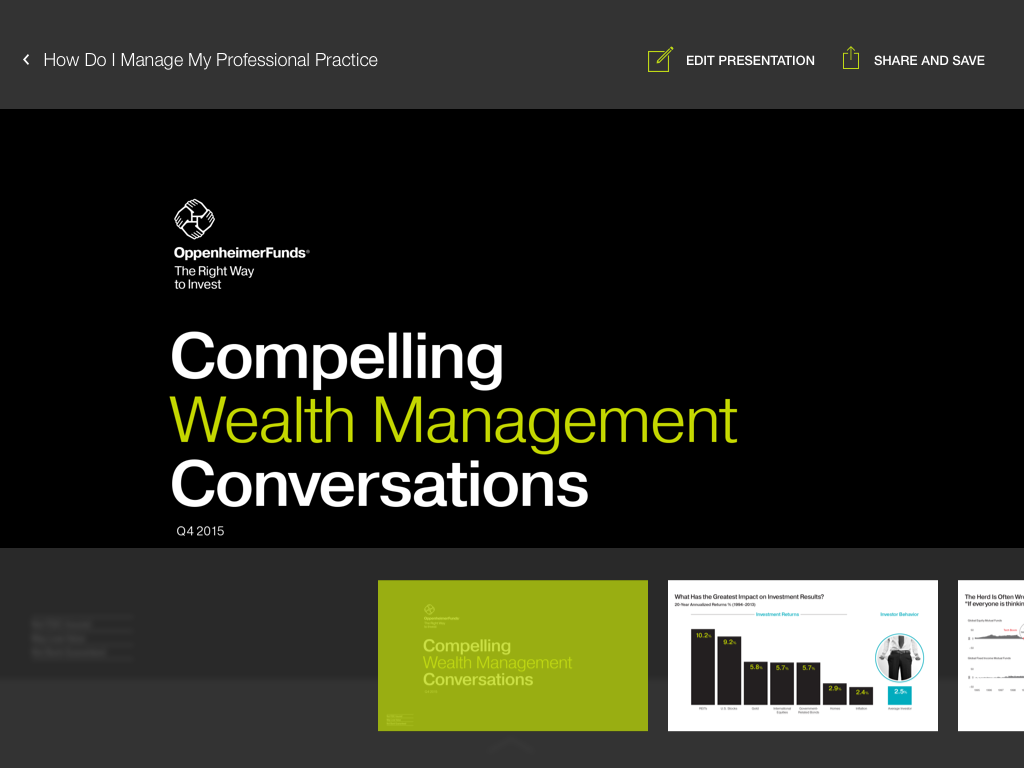 iPad screen showing a simple slide screen with thumbnails at bottom for other slides